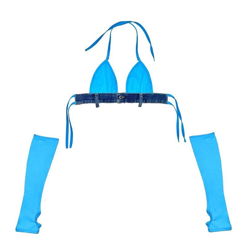 

Kkxy2g Fashionable Denim Splicing Sling Vest Music Festival Hollow out Strap Sexy Skirt Sexy Suit Women Blue Tops(With sleeve) M