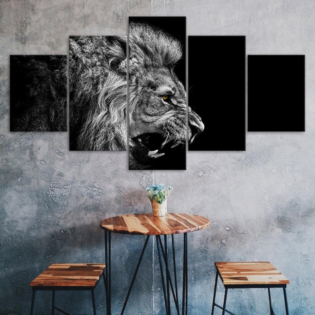 Roaring Lion Face Side View 5 Piece Five Panel Wall Canvas Print Modern Art Poster Home Decor Gift For Him For Her