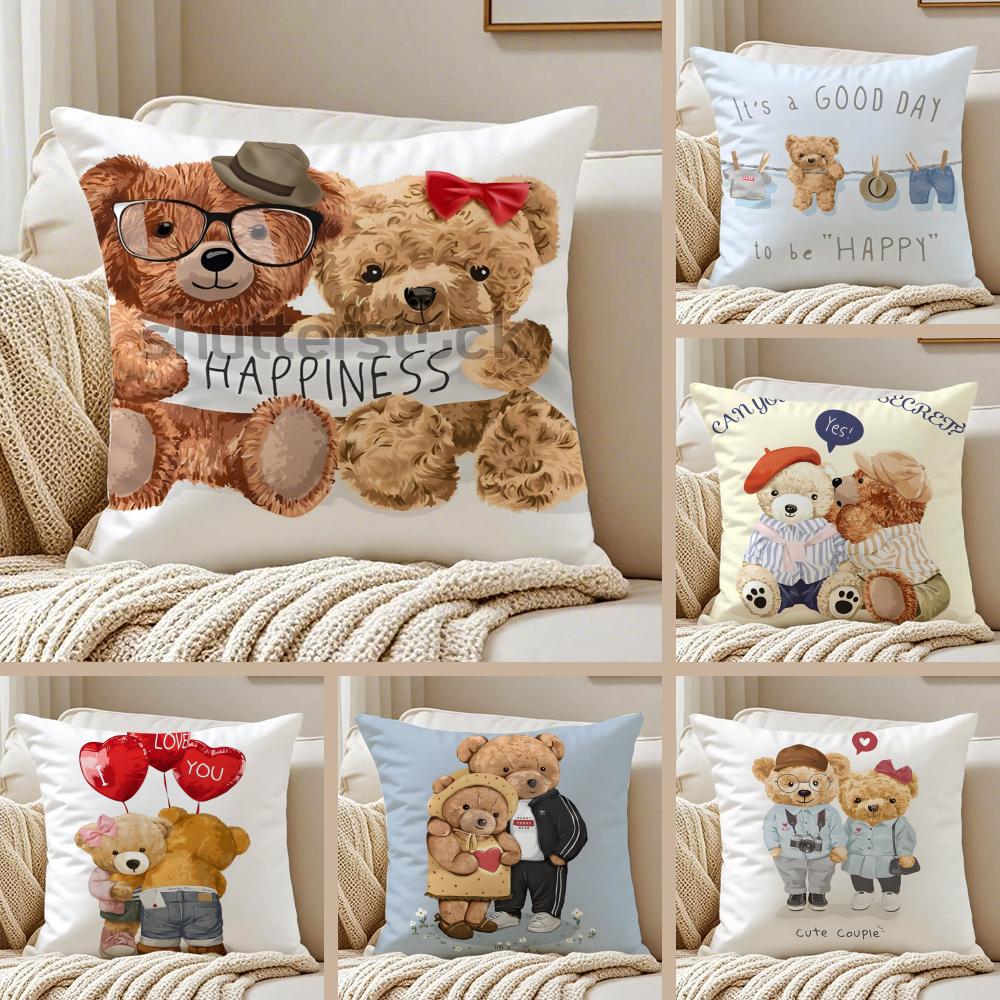 Family Friendship Companionship Teddy Bear Cushion Cover Pillowcase Antidustmite living Room Sofa Decor Cushion Room