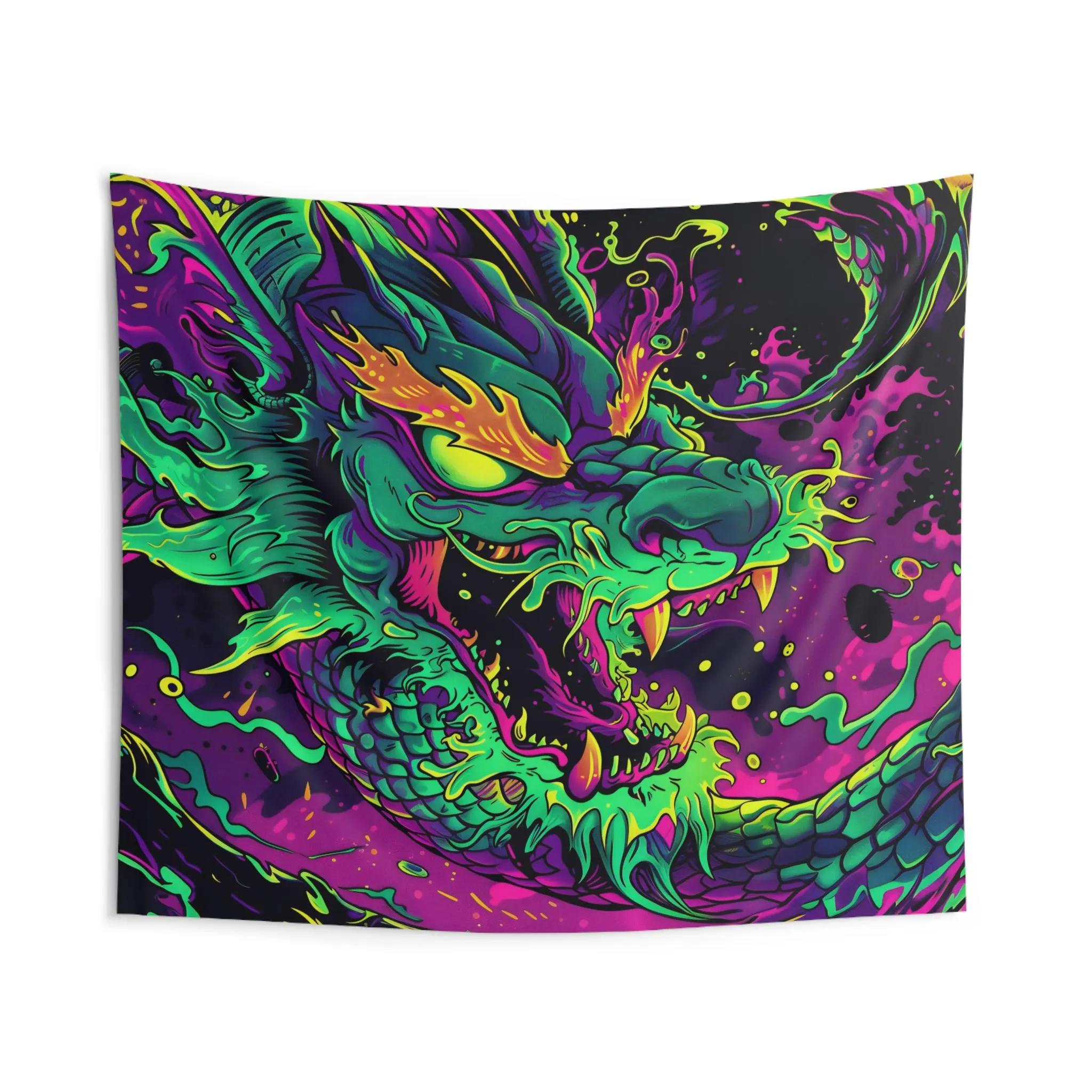 

Wild Neon Dragon Tapestry Rad 90s Wall Art Vibrant Purple and Green Wall Hanging Cyberpunk Style Graffiti Decor Urban Pop Art 74x94cm(29x37in)