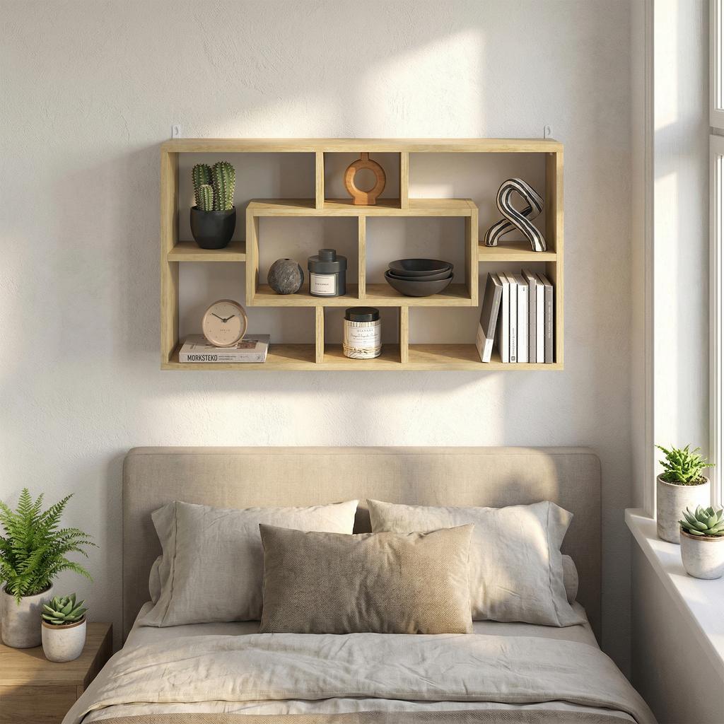 Decorative Wall Shelf, Bookshelf, CD Rack, 8 Cubes, 85 x 14.5 x 47.5 cm, Oak