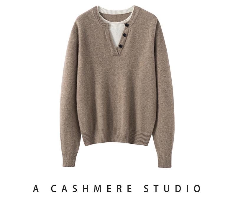 Kang Sai Ni Women's 100% Cashmere Two-Piece Style Sweater - Versatile, Fashionable, Loose Fit Knitwear
