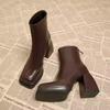 High-end Mid-Calf Boots 6/9cm Heel Height Cow Leather Square Toe Fashion Slip On Thick Sole Block Heel Ladies Shoes Ankle Boots