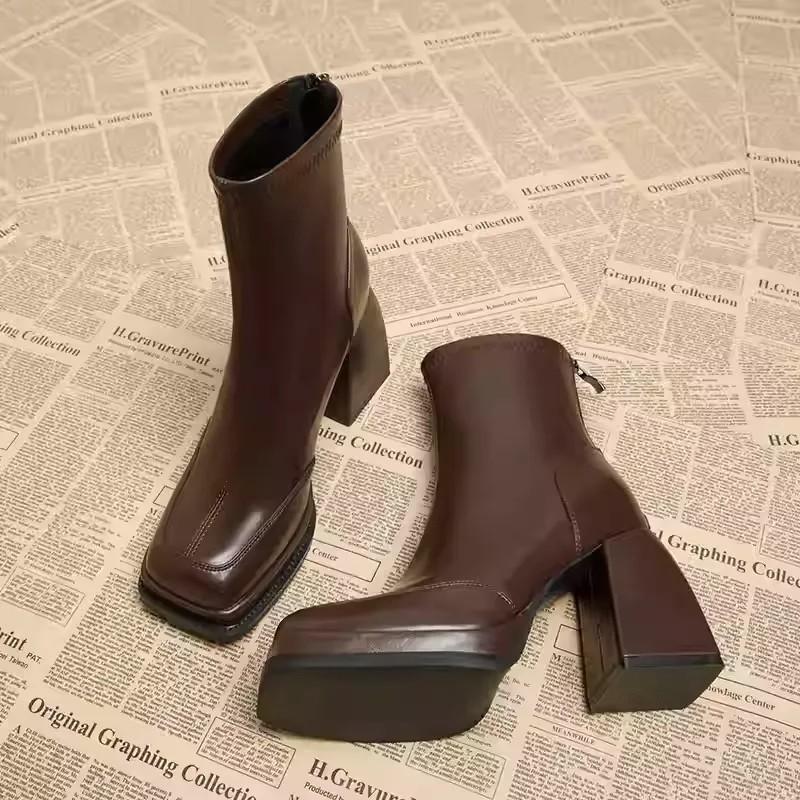 High-end Mid-Calf Boots 6/9cm Heel Height Cow Leather Square Toe Fashion Slip On Thick Sole Block Heel Ladies Shoes Ankle Boots