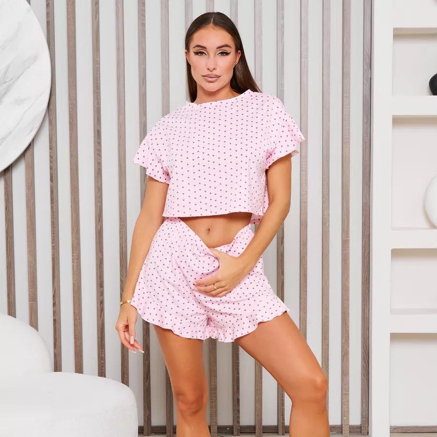 Summer Pink Heart Printed Pajamas Set Women Homewear Casual Sexy Loose Short Sleeve Crop Tops and Shorts 2 Pieces Sets Sleepwear