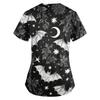 Women's Halloween Print Loose Fit V Neck Pocket Short Sleeve Medical Scrub Top Nurse Uniform Workwear
