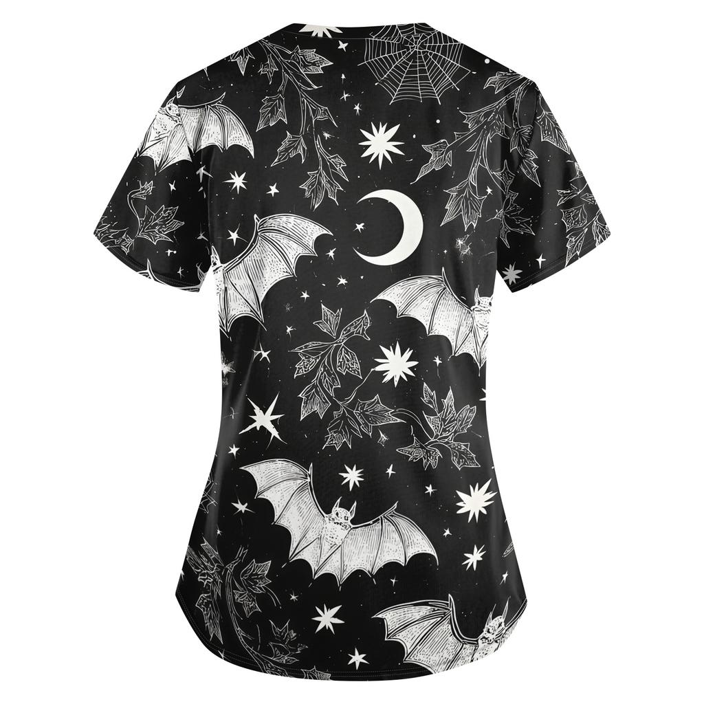 Women's Halloween Print Loose Fit V Neck Pocket Short Sleeve Medical Scrub Top Nurse Uniform Workwear