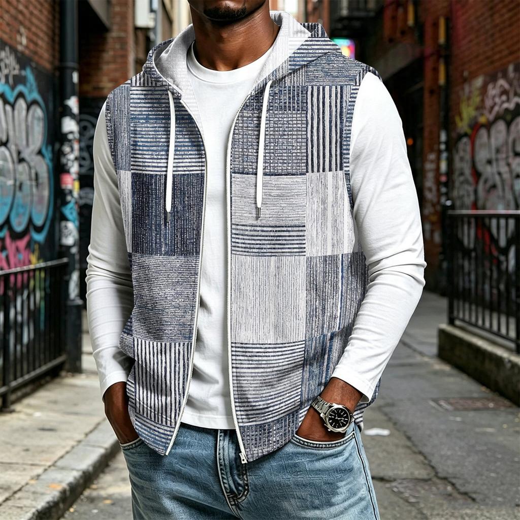 Men's Hooded Sleeveless Zip-Up Vest Casual Plaid Patchwork Print for Sports & Daily Wear