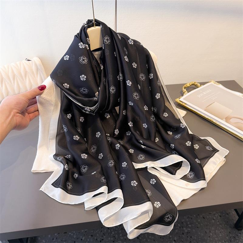 Spring And Summer Camellia Imitation Silk Brocade Sun Protection Light Luxury Silk Scarf Shawl Versatile Women S Headscarf One Size