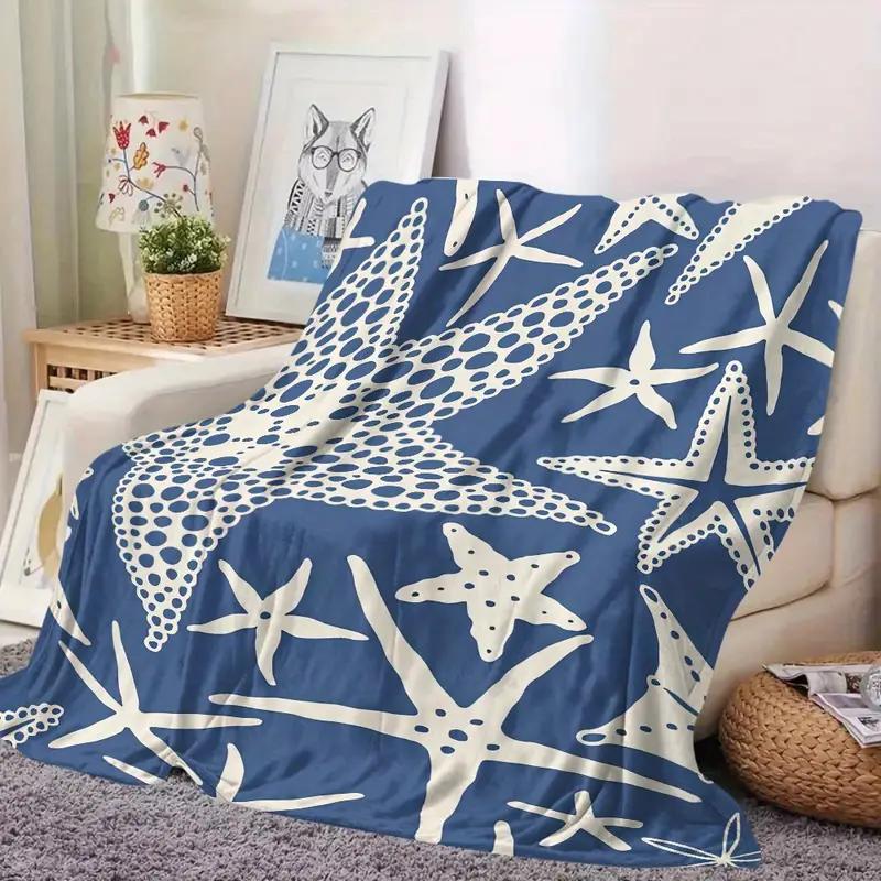Ocean themed flannel blanket - blue and white starfish design for the beach, camping - family Halloween or Christmas