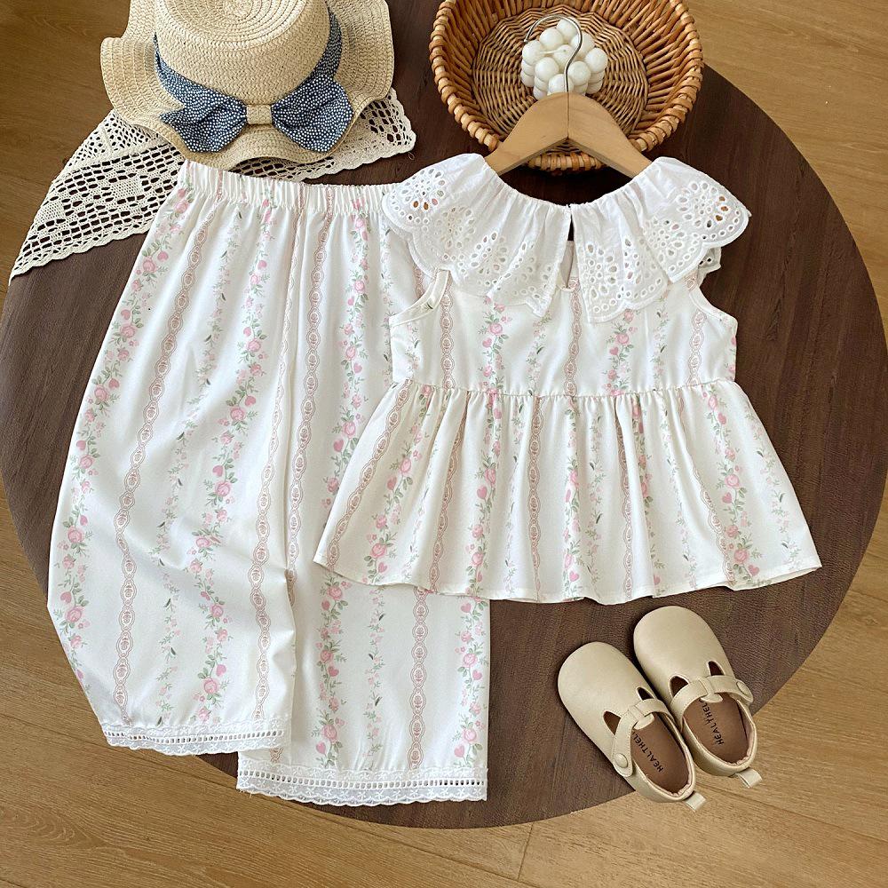 Girls' Floral Lace Collar Vest & Wide Leg Pants Summer Set - Stylish Children's Clothing