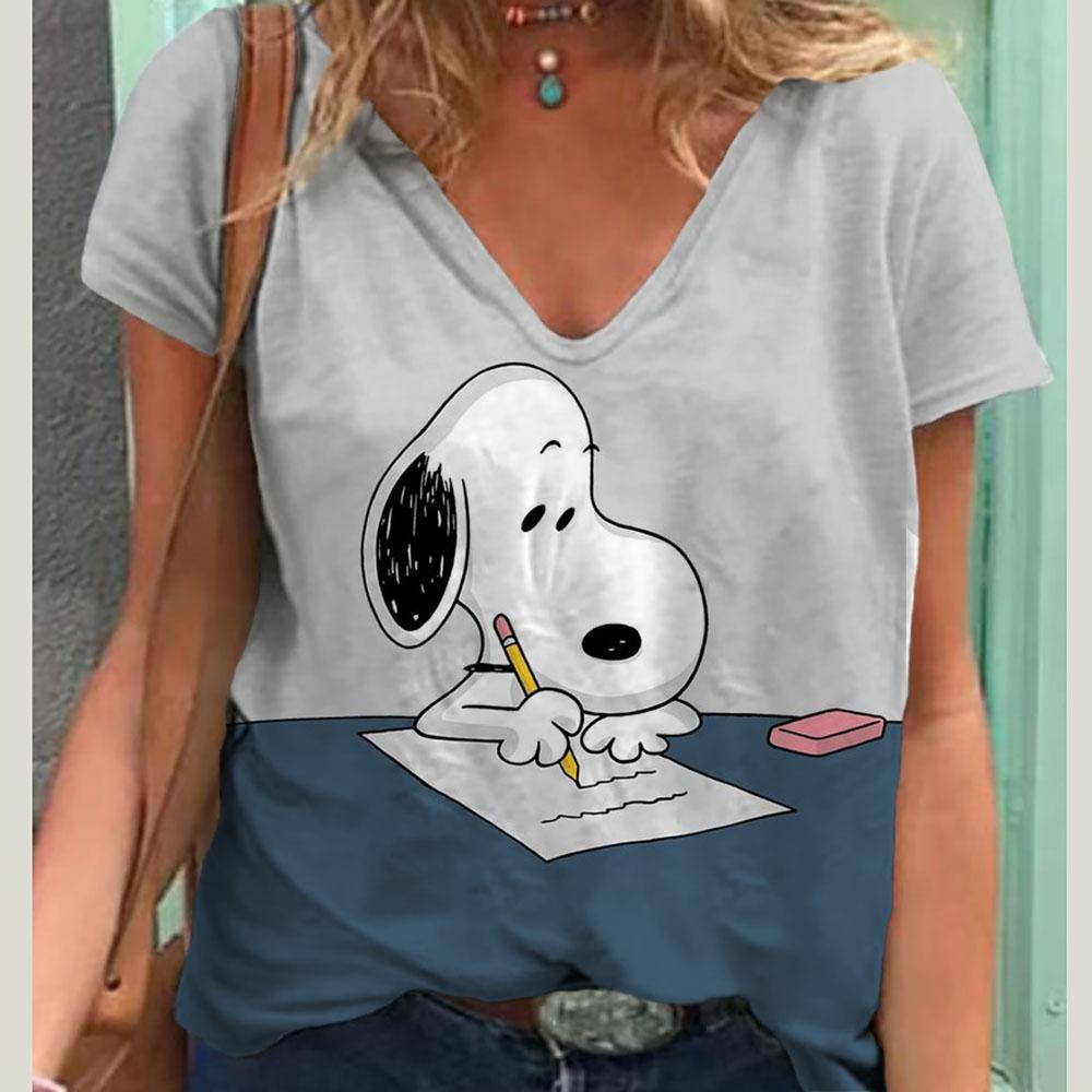 V-Neck Women's Sexy T-shirts Short Sleeve Breathable Simple Snoopy Cartoon Print Tops T-shirt Fun Patterns 15 Color Pullover Top