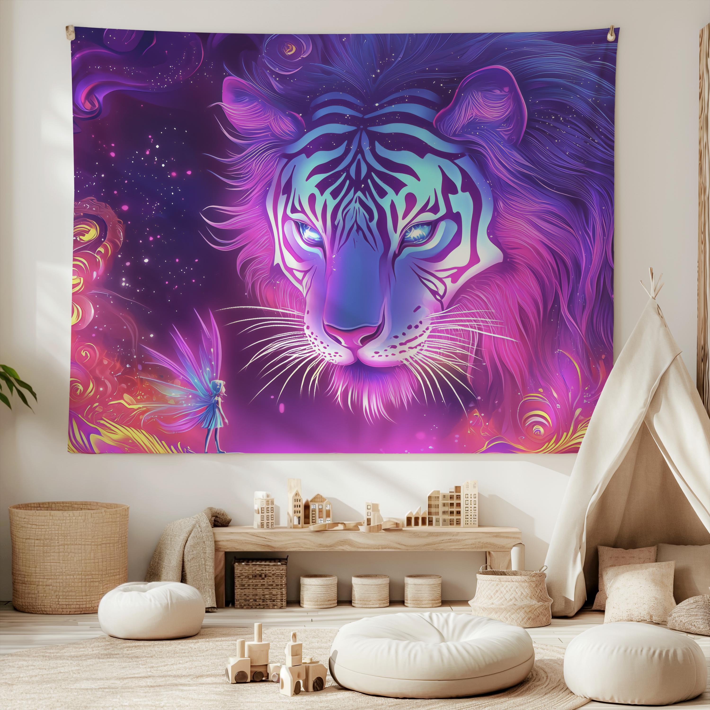 Dreamy Neon Tiger Tapestry Elf Starry Sky Background Cloth Bohemian Girl Heart Decoration Room Decoration 100X70CM