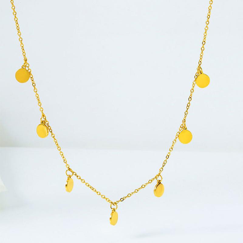 Collier Pendentif Petit Pièce Ronde Simple Tendance en Acier Inoxydable Pour Femmes Couleur Or Étanche Charme Géométrique Colliers