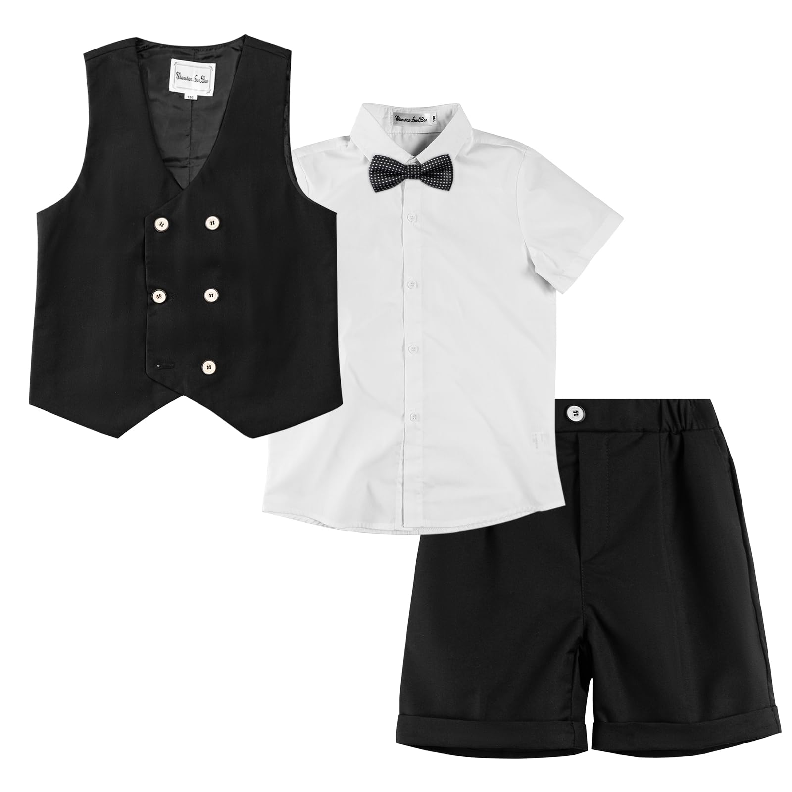 

LOLANTA Boys Formal Short Sleeve Summer Suit, 4-Piece Set, Includes Short Sleeve Dress Shirt, Shorts, Vest, and Bow Tie, Perfect for Weddings, Recita