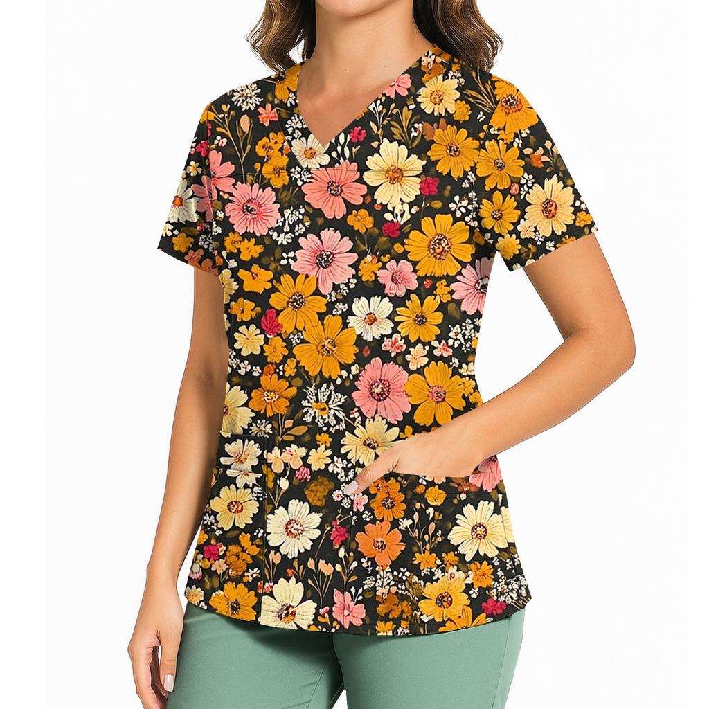 Women's Casual Printed V-Neck Pocket Side Slit Short Sleeved Top Short Sleeved Top