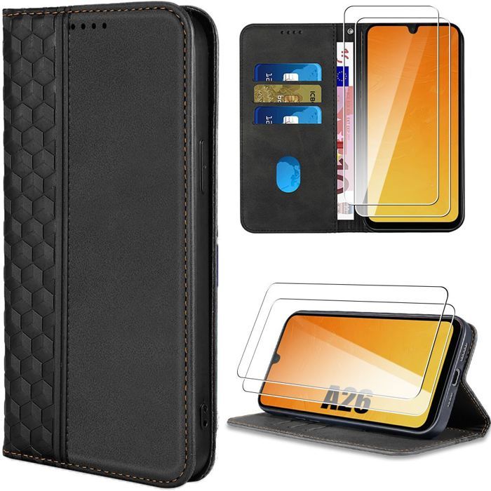 Coque de protection - BOOLING - Samsung Galaxy A26 5G - Cuir PU Noir - 2 Verres Trempés - Antichoc