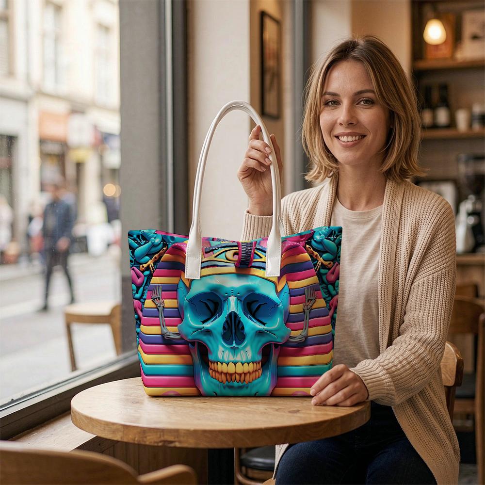 Colorful Egyptian Skull Print Tote Bag Casual Street Style Large Capacity Daily Use Shoulder Bag for Cool Outfits