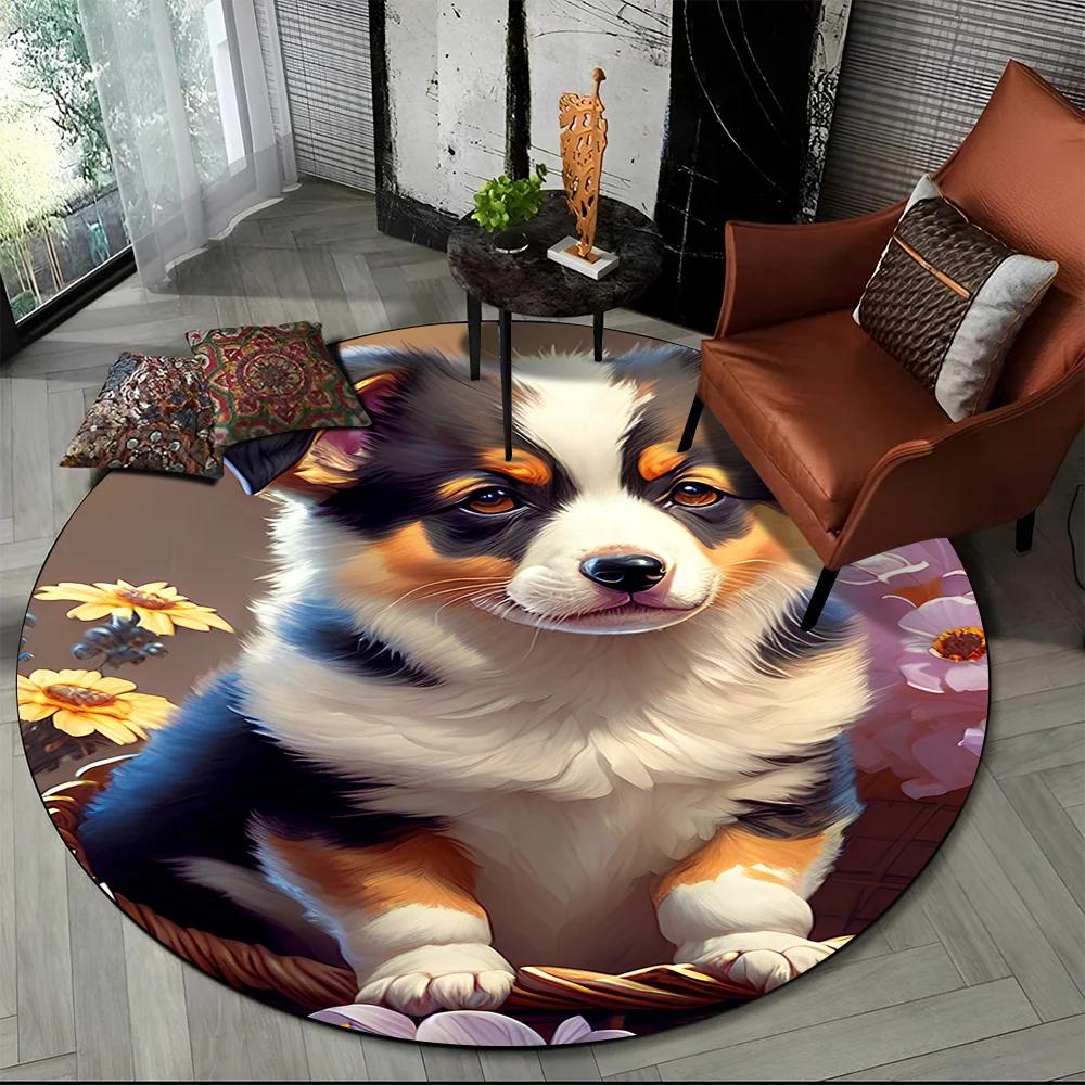Cute Dog Samoye, Chihuahua, Husky, Koki Cartoon Round Area Rug,Carpet Rug for Living Room Bedroom Sofa Playroom Decor,Non-slip