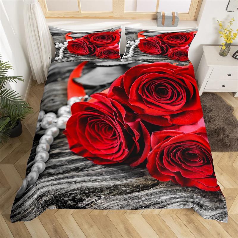 

Red Rose Duvet Cover Twin King Romantic Theme Floral Bedding Set Microfiber Love Heart Flowers Quilt Cover For Girl Teen Wedding EU Single(135x200cm)