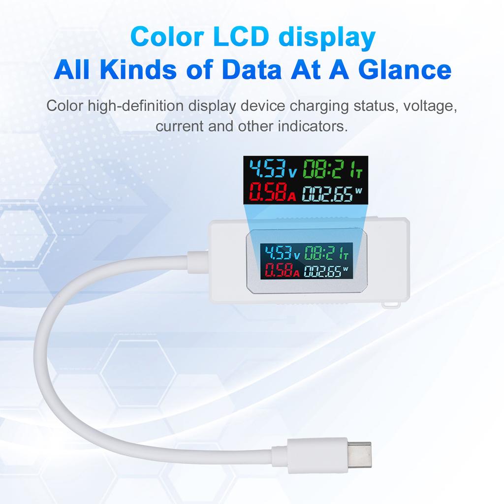 Voltage Meter Type-C Voltage and Current Meter 4-30V 0-6.5A 195W Type-C USB Voltmeter with Color LCD Display