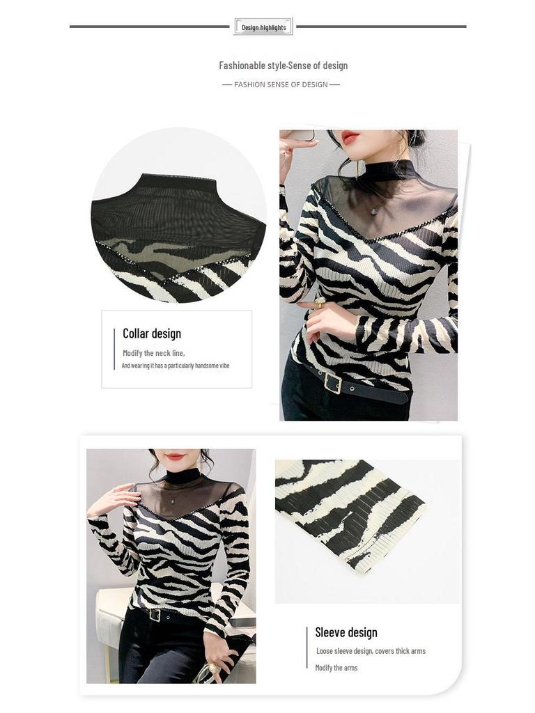 2024 Autumn Women's Slimming Mesh Print Long Sleeve Shirt