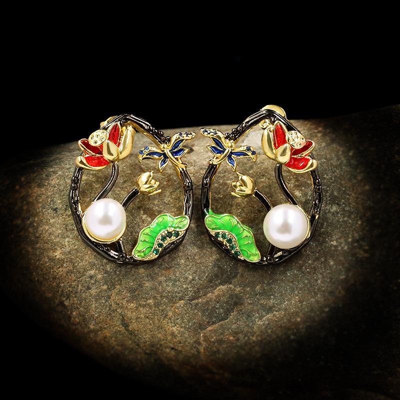Fashion Retro Korean Version Enamel Versatile Fresh Lotus Earrings