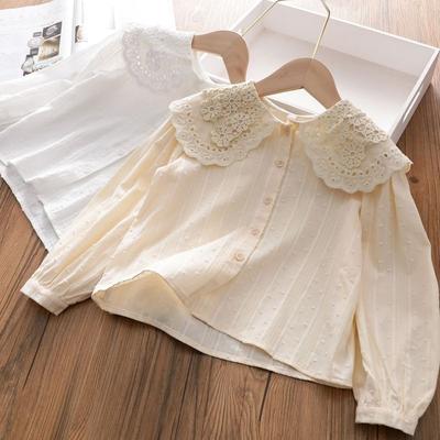 Girls Cotton White Shirt Baby Kids Lace Lapel Korean Long Sleeve Blouse Spring Loose Bottoming Tops Children's Clothes
