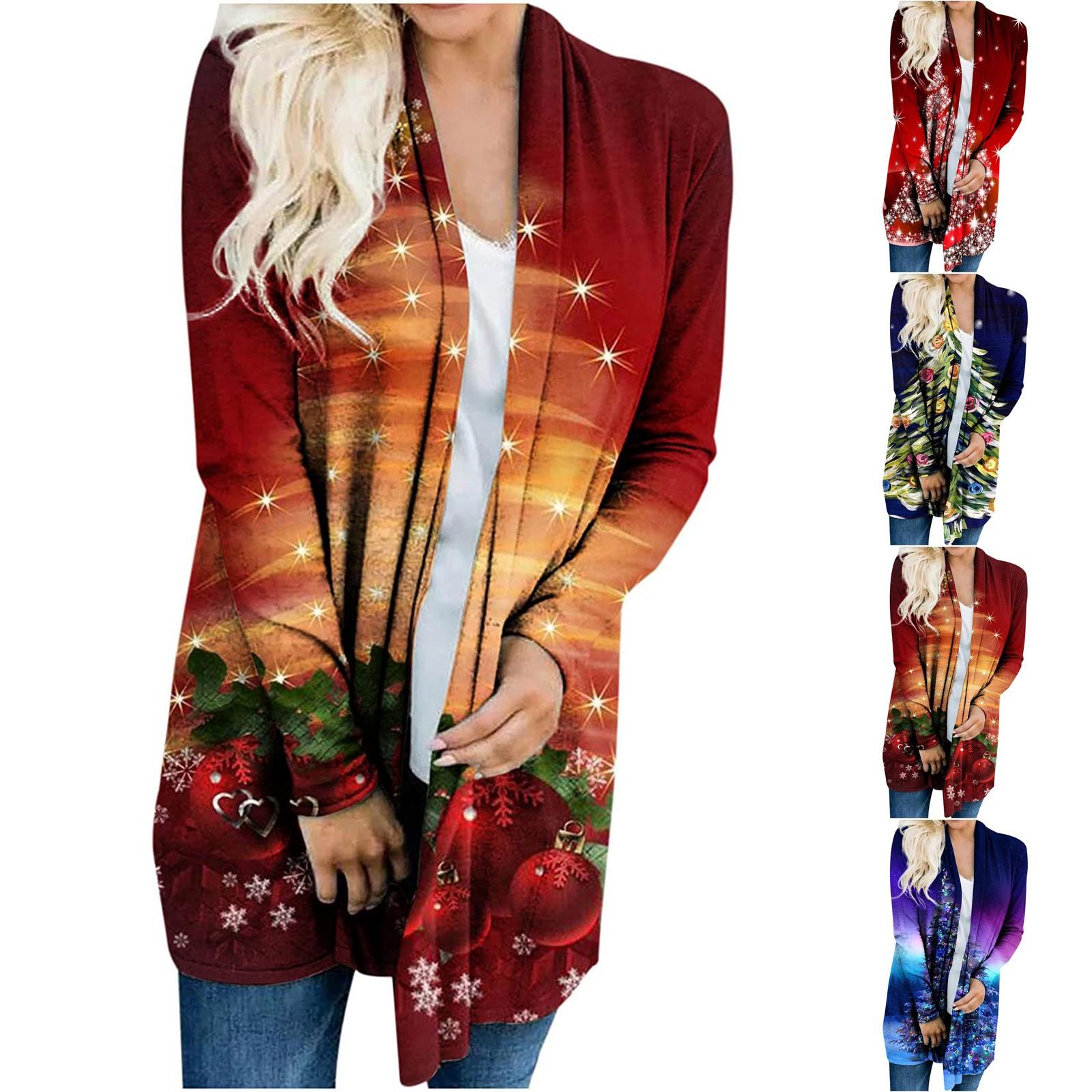 

Женский рождественский кардиган с длинными рукавами и принтом, легкая куртка