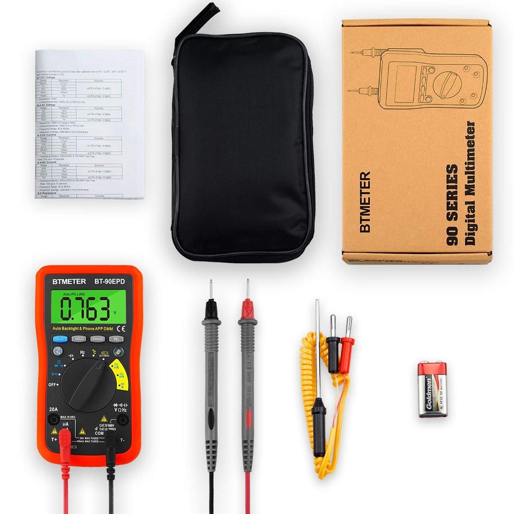 BTMETER BT-90EPD Bluetooth Multimeter, 4000-count Auto-ranging Tester. APP Logs Mobile Data, Tests AC/DC Voltage, Current, Resistance & Temp