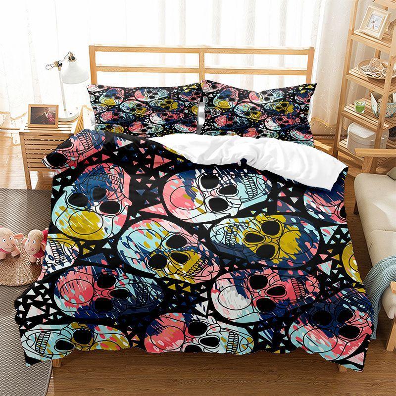 Totenkopf Bettbezug Set 3D Druck Rot Schwarz Totenkopf Horror Thema King Queen Twin Full Size Polyester Bettdeckenbezug für Kinder Jungen