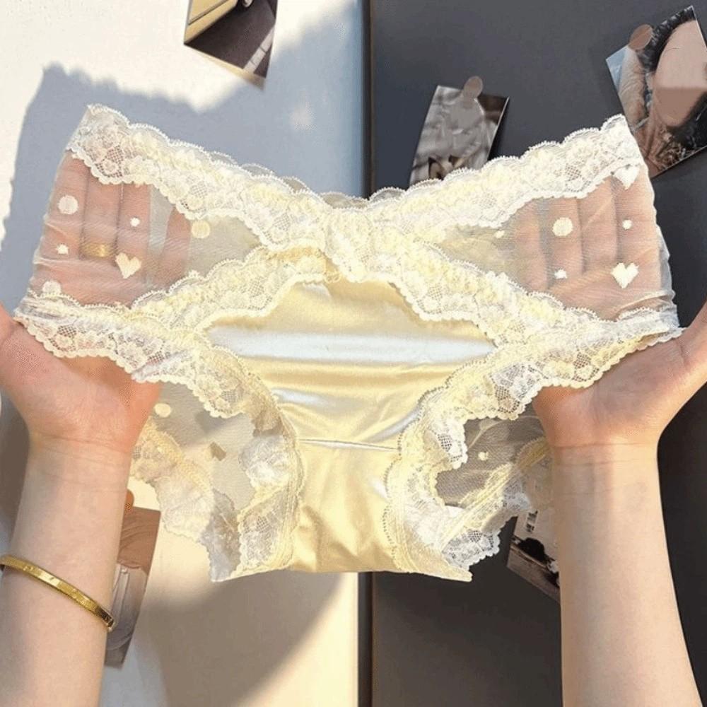 Transparent Lace Flower Panties Satin Silk Lace Mesh Briefs Lingerie French Style Briefs  Gifts