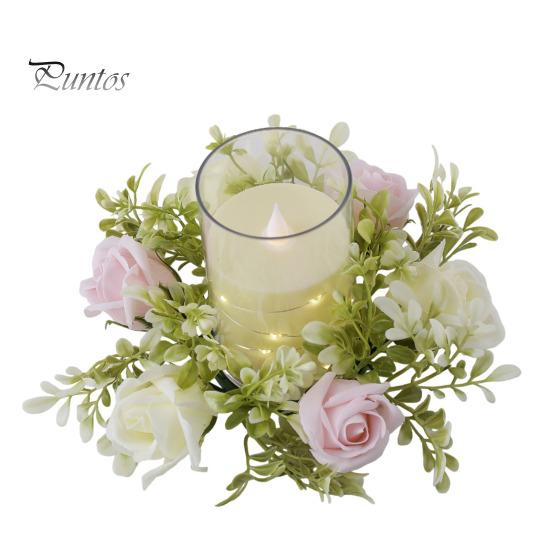 Delicate Candle Topper Artificial Rose Ring Pillar Candles Greenery Flower Wreath Plastic Garland Seasonal for Wedding Centerpiece Holiday Decor