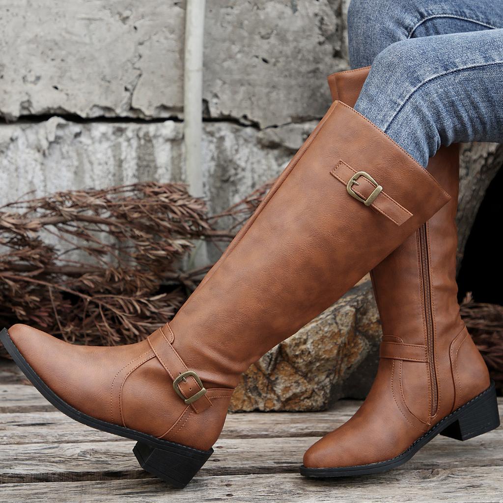 Fashion Women Knee High Boots Autumn Winter Low Heels Platform Long Boots 2025 New Big Size Leather Women Warm Shoes Zapatos De Mujer