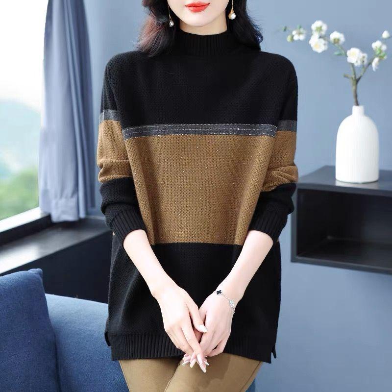 Women's Autumn & Winter Mock Neck Sweater - Mid-Length Loose Plus-Size Mother's Style Color-Block Fashion Thickened Knit Base Layer Top