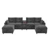 Modułowa sofa narożna 6-osobowa w kształcie U/L, 2 pufy ze schowkiem, konsola z półką, schowkiem i uchwytami na kubki, USB i Type-C, szenil, Szary