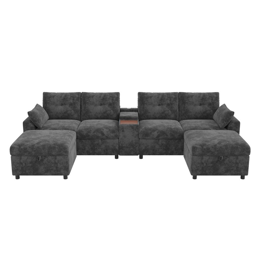 Modułowa sofa narożna 6-osobowa w kształcie U/L, 2 pufy ze schowkiem, konsola z półką, schowkiem i uchwytami na kubki, USB i Type-C, szenil, Szary