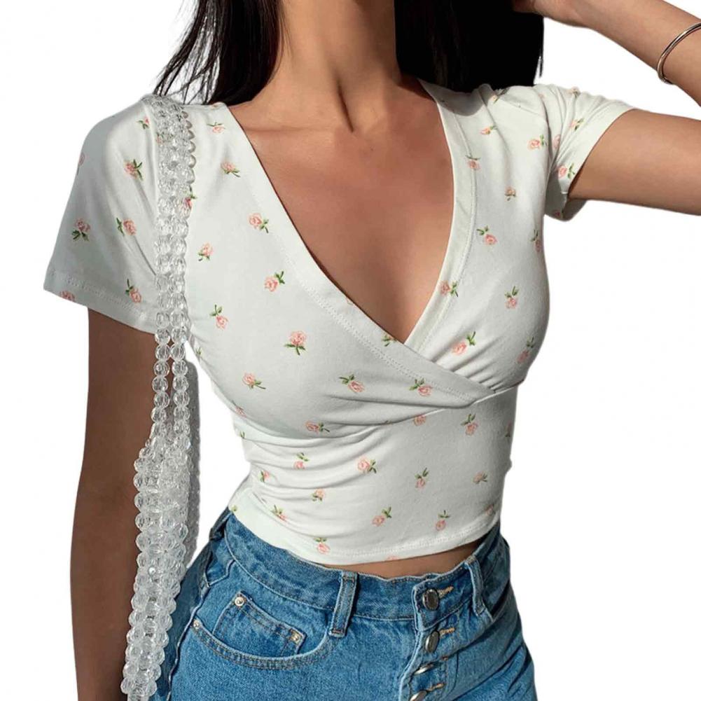 Women Summer Top V Neck Short Sleeve Waist-exposed Small Flower Print Pullover Soft Breathable Retro Slim Fit Lady Sweet T-shirt