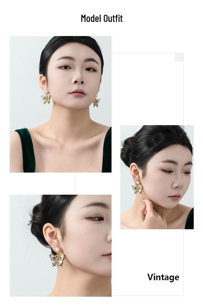 Three-Dimensional Enamel Pearl Flower & Butterfly Earrings, Court Style, Insect Series, 925 Silver Studs for Women