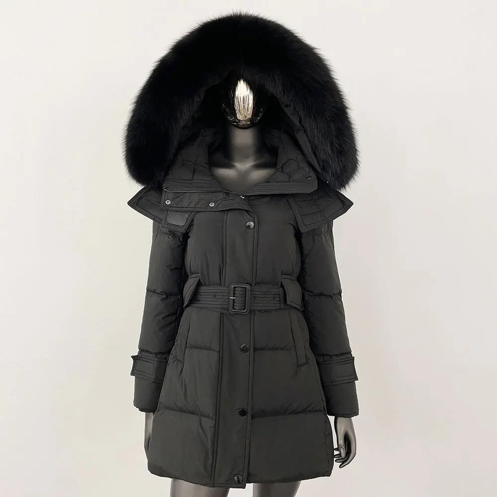 

OFTBUY 2024 Зимняя корейская версия Теплая длинная куртка-пуховик со съемным воротником из лисьего меха Женская мода на шнуровке 90% белый утиный пух S чёрный