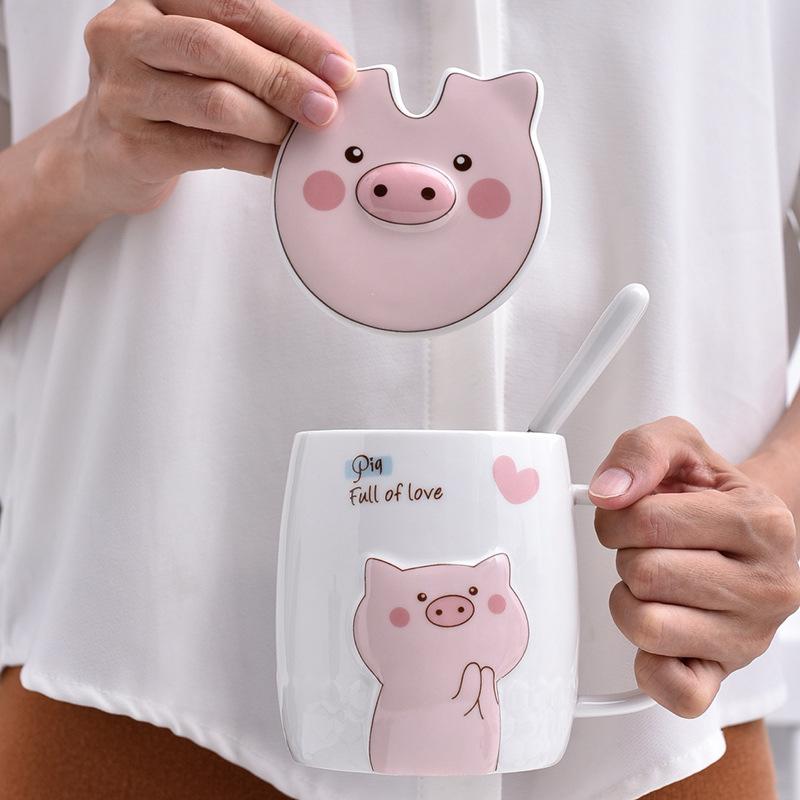 Creative Cartoon Cute Pig with Lid Ceramic Cup Boy and Girl Couple Mug Milk Cup Gift Cup Office Water Cup