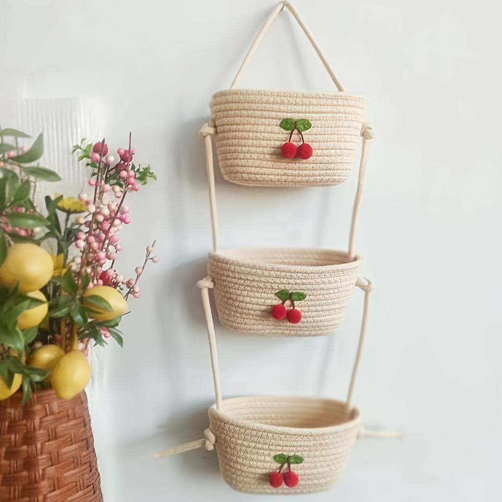 Farmhouse 3-Tier Hanging Basket. Hand-Woven Wall & Desk Storage. Detachable Rope. Perfect Home Organizer, Stylish Room Decor.