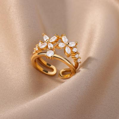 Zircon Four Leaf Clover Rings For Women Crystal Stainless Steel Double Layered Geometric Adjustable Ring Wedding Jewelry Gift