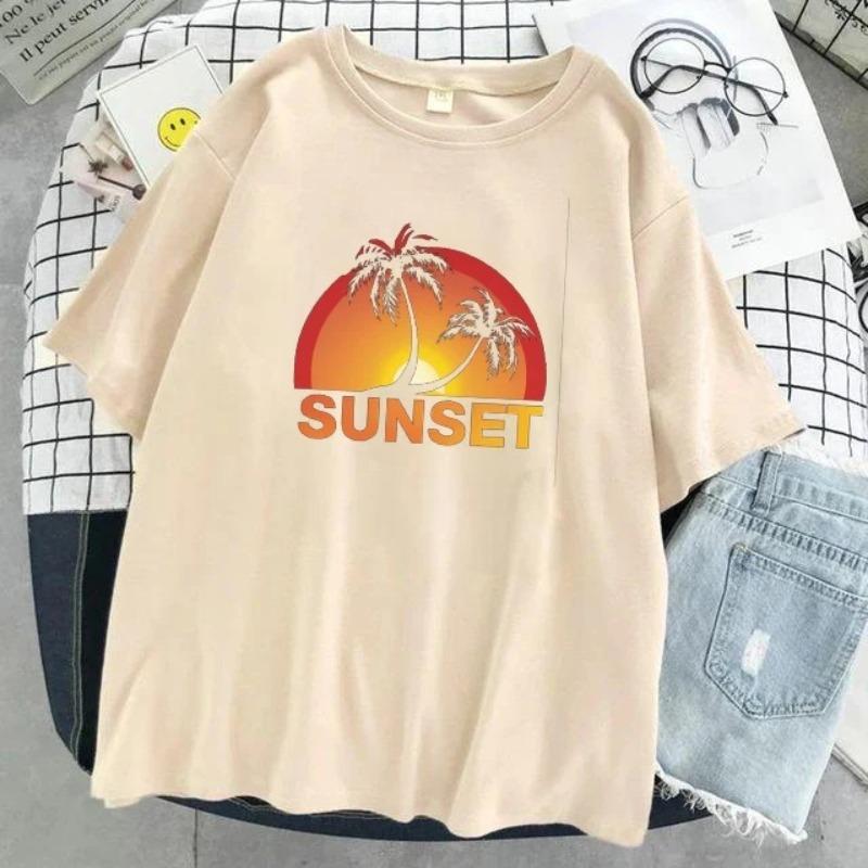 Summer Sunset Pattern Printed Cotton Short Sleeve T-shirt for Women Round Neck Top T-Shirts Women’s