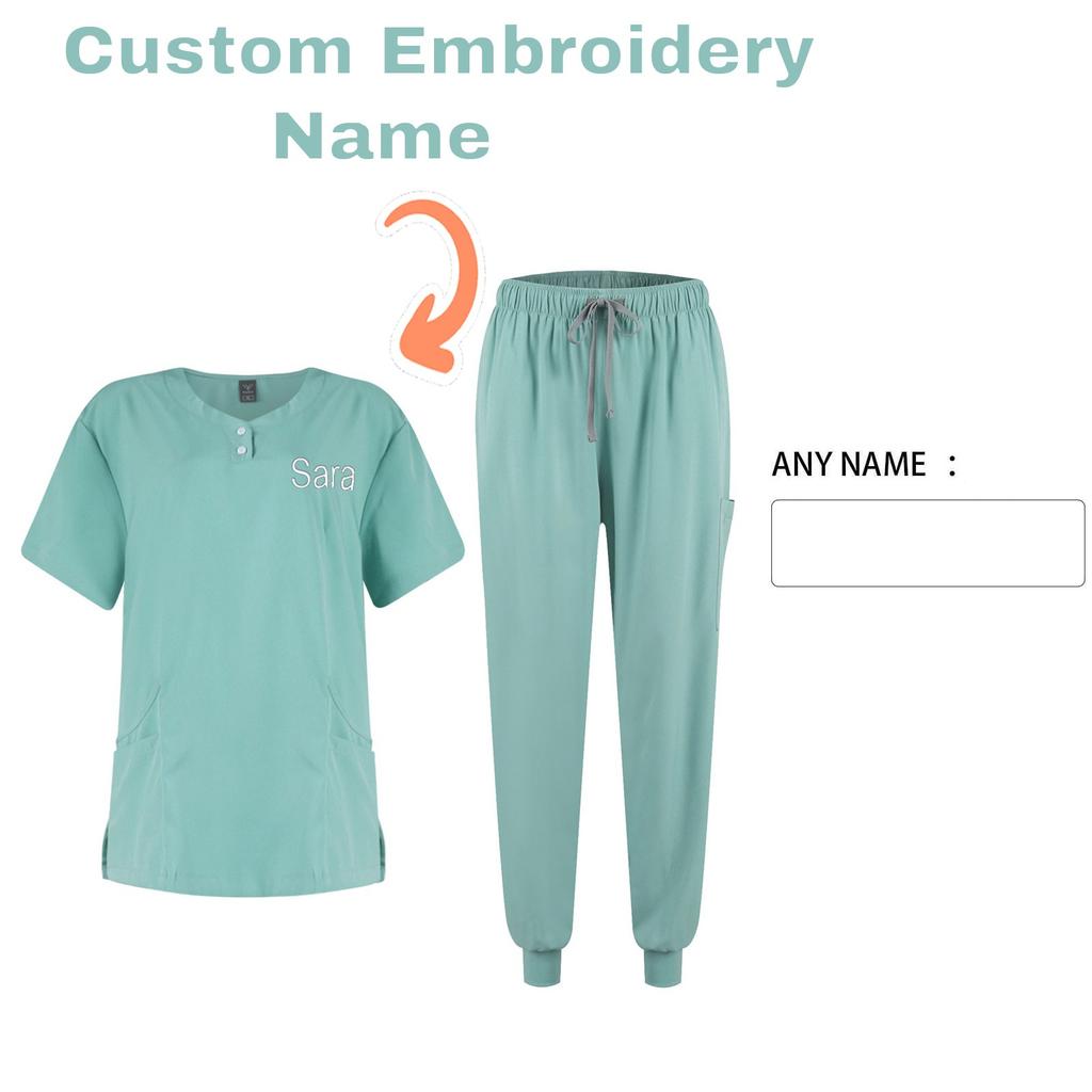 DIY Name Embroidery Customization Women's Uniform Quick-drying Fabric Solid Color V-neck Pocket Short-sleeved Trousers Suit Dry-nurse Work Clothes