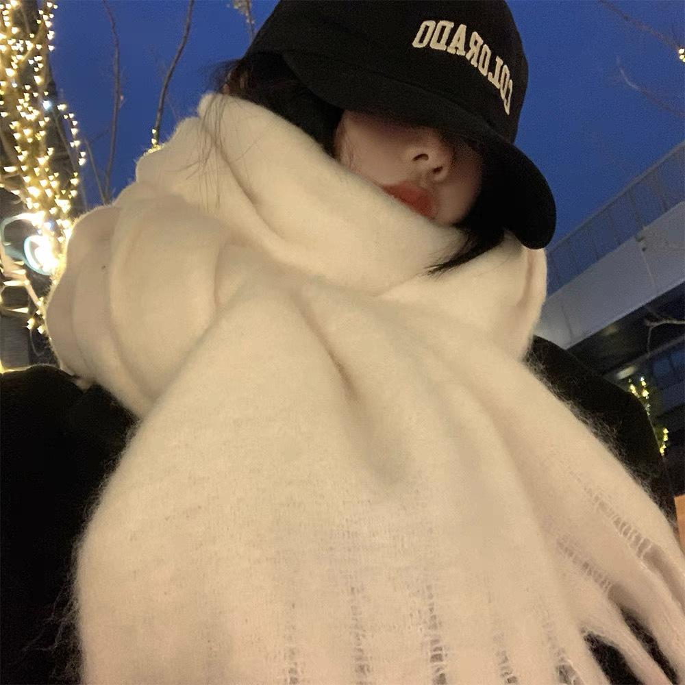 2024 New High-End Pure Color Mohair Scarf for Women - Cozy Korean Style Autumn/Winter Shawl