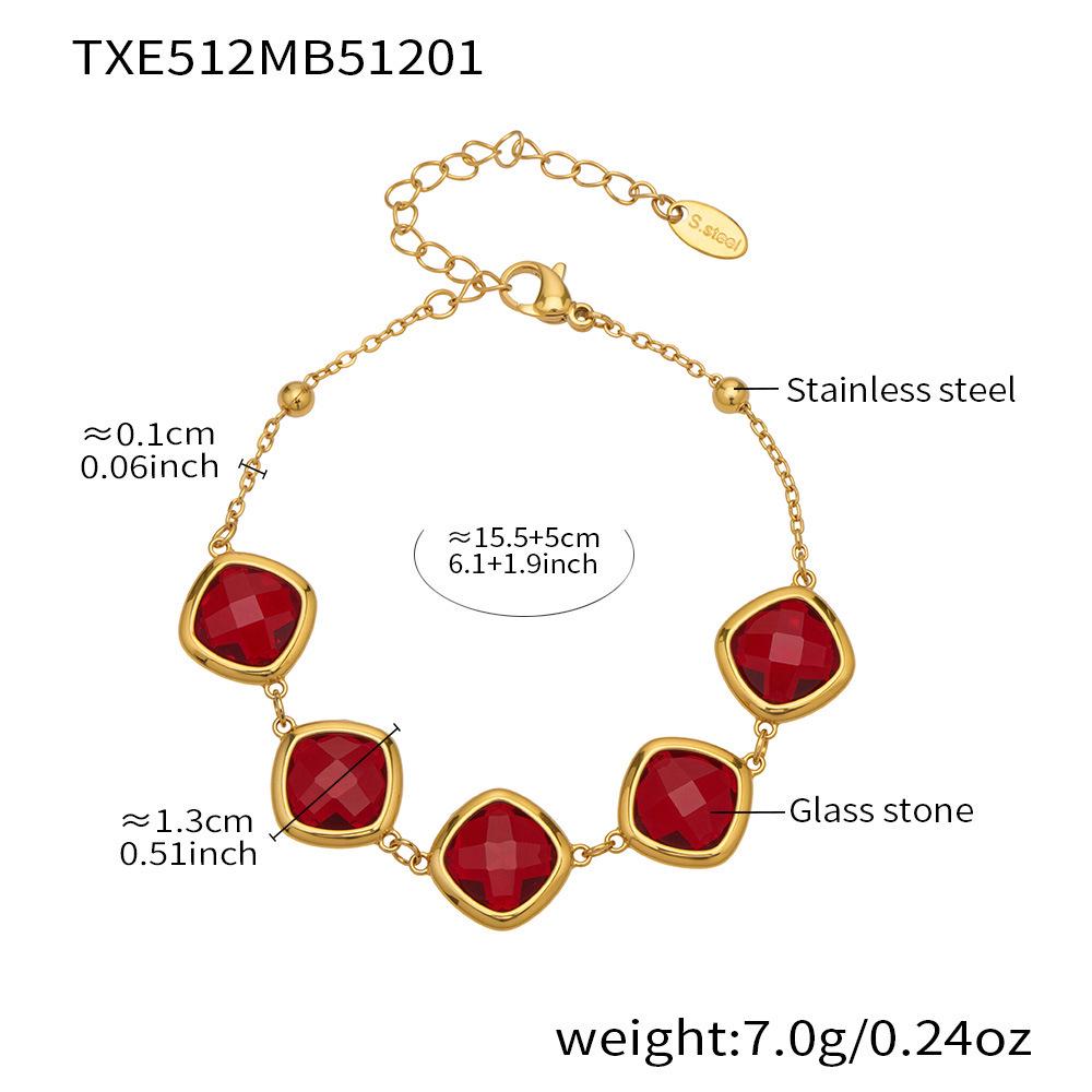 Stylish European & American Stainless Steel Jewelry Set with Square Faceted Glass Stones: Includes Bracelet, Necklace, and Earrings