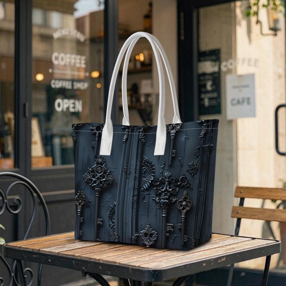 Vintage Dark Pattern Tote Bag Gothic Key Decor Large Capacity Daily Commute Bag Women Casual Fashion Shoulder Handbag