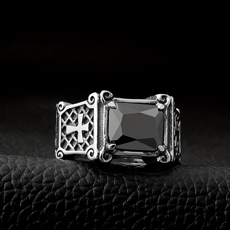 1pc Men's Cross Ring Personality Trendy Hip-hop Ring, Black Stone Open Ring Finger Ring