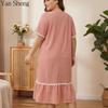 Women Nightgown Seersucker Floral Square Collar Short Sleeve Long Robe Loose Summer Loungewear Sleepwear